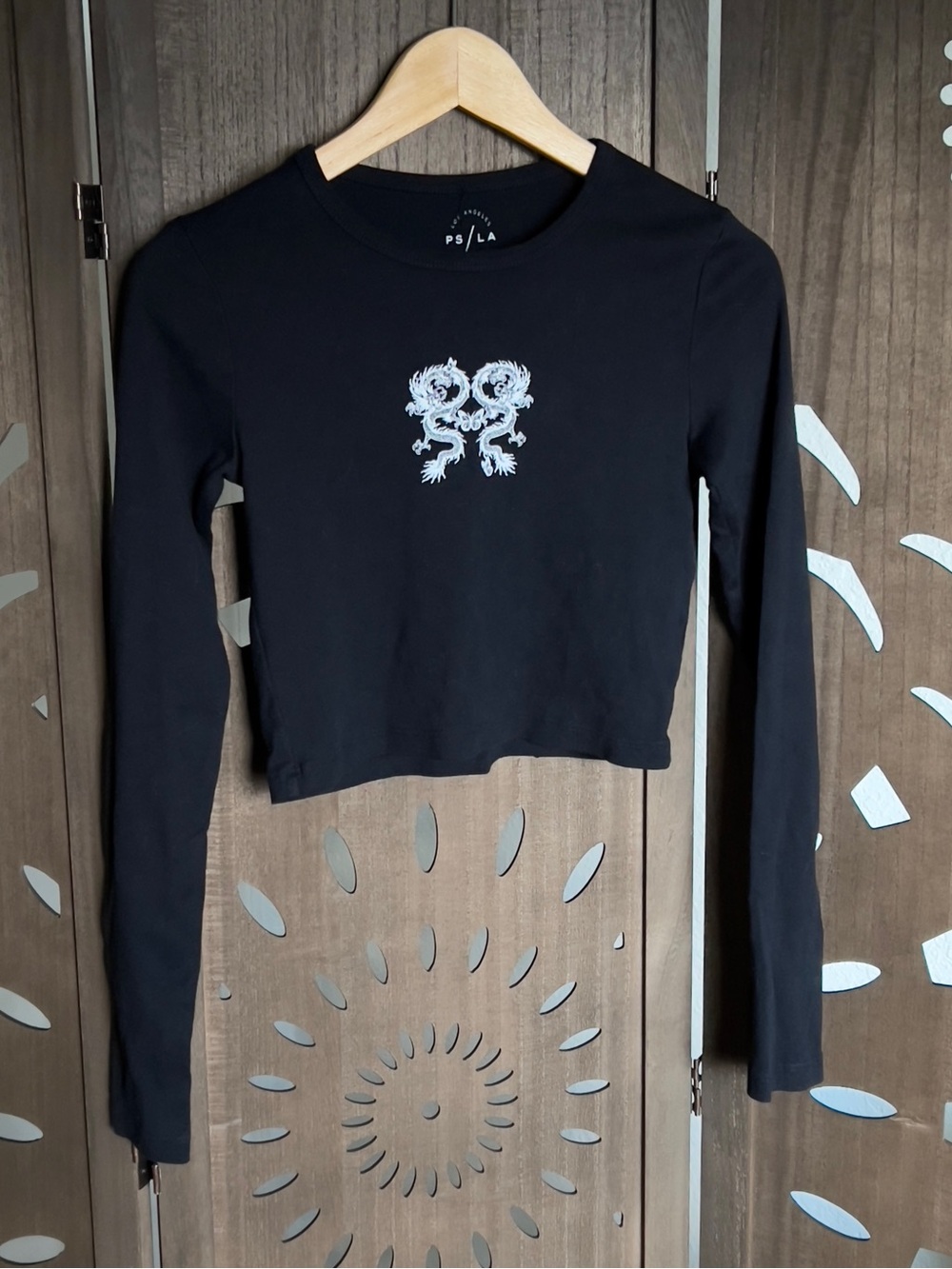 Black Long-Sleeve Cropped Tee with White Dragon Graphic